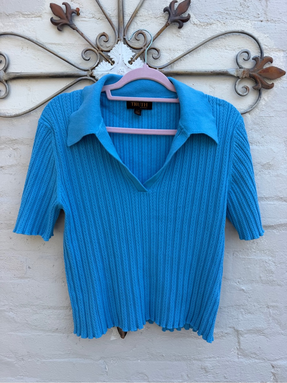 Truth Blue Ribbed V-Neck Collared Sweater